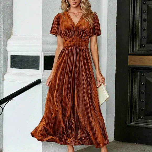 Luxe Velvet Smocked Ruched Butterfly Sleeve Wedding Evening Party Formal Dress - Picture 4 of 4